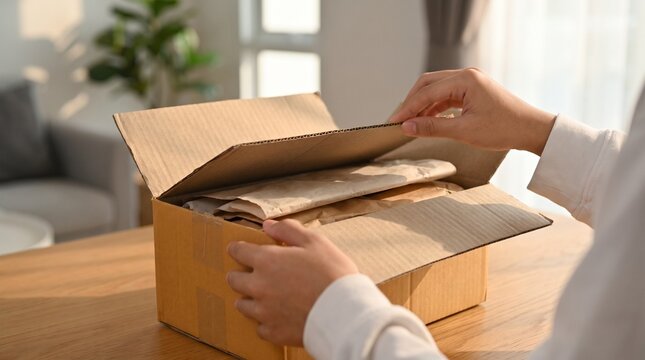 Hands unboxing cardboard parcel package delivered from online shopping order on wooden table.