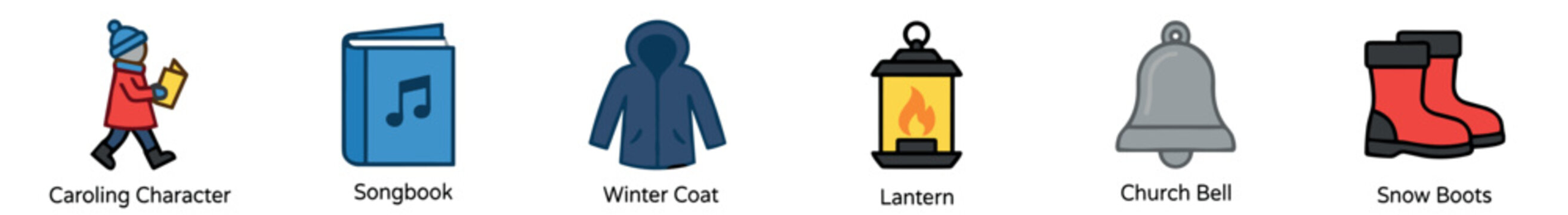 Set of colorful Christmas and winter season icons featuring a caroling character, songbook, warm coat, lantern, bell, and snow boots.