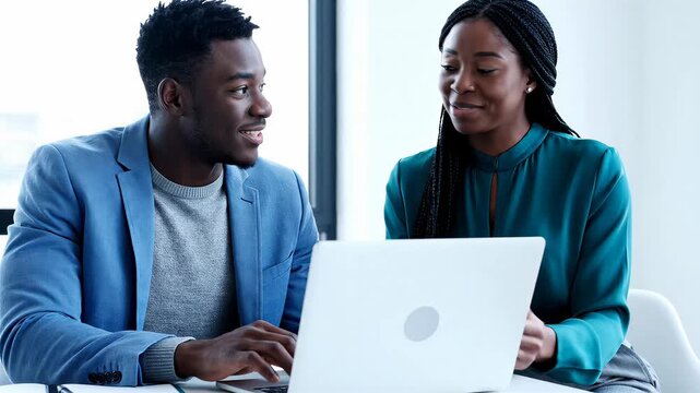 Man and woman working together on laptop in bright office, looking at screen and smiling. Business collaboration, teamwork, corporate training.