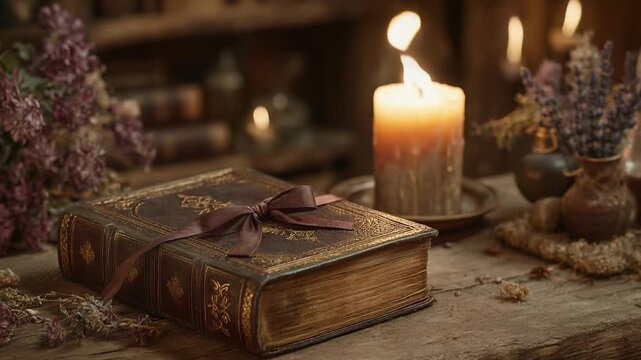 Vintage antique book with ribbon tied on wooden table, lit candle flame flickering, dried lavender and flowers in background. Mystical atmosphere, dark academia, magic concept.