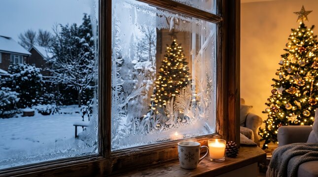 Cozy Christmas scene viewed through a frosted window