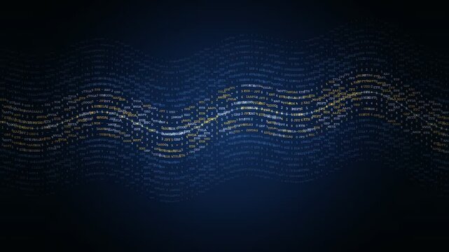 Abstract blue digital background with flowing golden and silver glowing data particles in wave motion