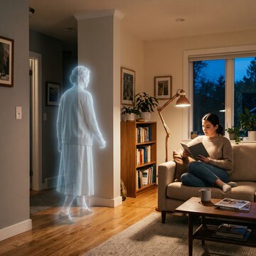 A glowing ghost standing unnoticed in a modern living room while a woman reads peacefully.