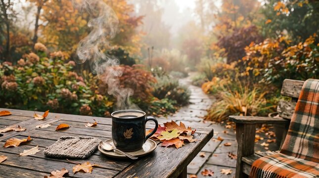 Cozy Autumn Morning With Steaming Coffee Amidst Fall Foliage
