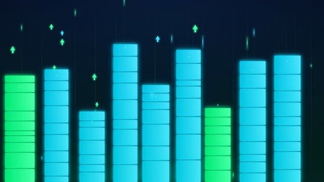 Digital audio equalizer spectrum with glowing blue and green bars moving to music beat