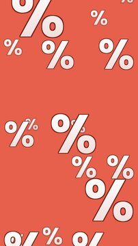 Seamless loop. Vertical animation of percent symbols marching diagonally on red backdrop. White discount signs flow in dynamic motion, designed for mobile sales promotions and social media.