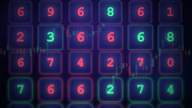 Abstract digital data stream with glowing neon numbers and financial chart lines on dark background
