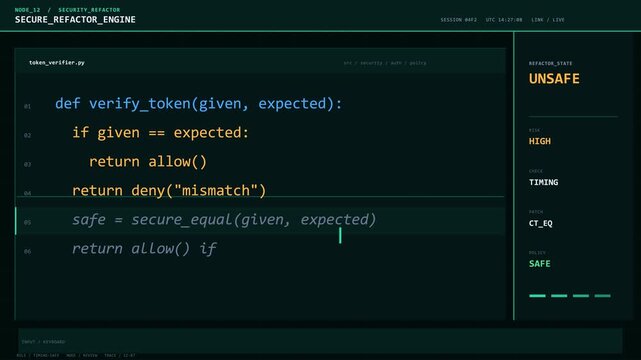 Software development screen shows refactoring security code with token verification function in dark IDE. Transitions from unsafe to hardened implementation.