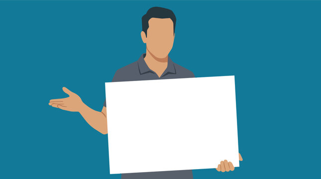 Blank board presentation held by gesturing male character minimalist flat vector illustration for marketing announcements and corporate information display