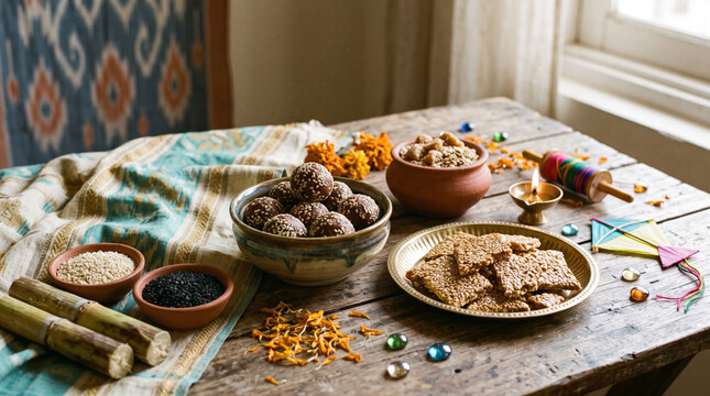 traditional indian makar sankranti festival food with sweets and kite