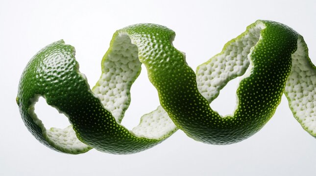 Twisted lime peel spiral floats against white background. Closeup shows green rind dimples and white pith. Fresh citrus zest for cooking, drinks, or spa uses.