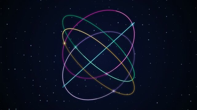 Abstract glowing neon orbital lines rotating in a dark starry space background for technology concepts