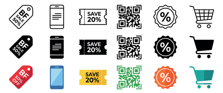 Shopping discount mobile QR code cart icons set featuring various symbols for e-commerce, online sales, and digital marketing promotions.