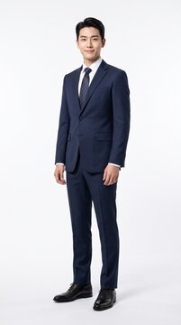 Full body studio portrait of handsome Asian businessman in formal navy blue suit isolated on white background.