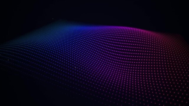 Abstract digital wave of glowing particles, neon blue and purple dot grid background