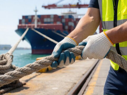 A dock worker in a safety vest pulls a thick mooring rope on a pier with a container ship nearby.