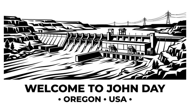 Very beautiful black and white vector of an iconic hydroelectric dam with simple river, powerhouse and structural silhouettes, WELCOME TO JOHN DAY &bull; OREGON &bull; USA, isolated on white background, no grad