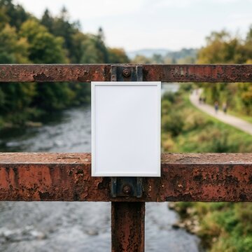 Blank Frame Mounted On A Rusty Bridge Railing With A Scenic River Background