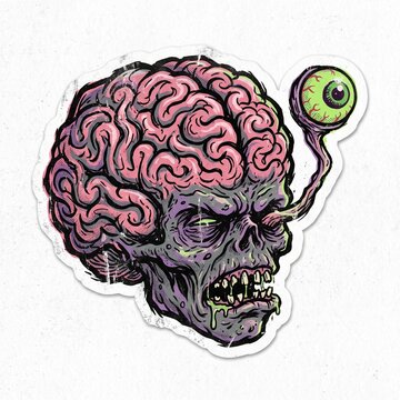 Grotesque Zombie Head with Exposed Brain and Detached Eyeball Illustration 1950s Retro Sticker