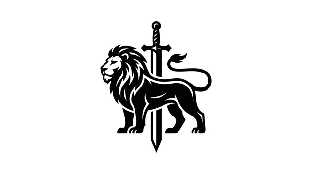 Heraldic lion standing with sword crest vector illustration.