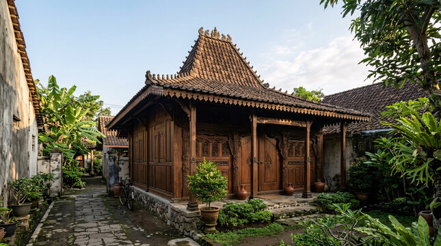 Traditional Javanese Joglo House with Wooden Carved Architecture in Indonesia