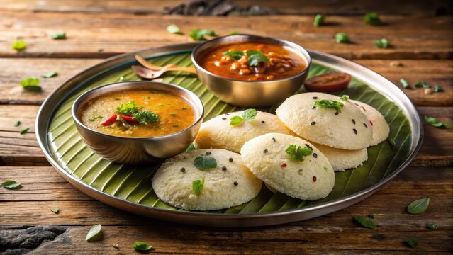 Steaming hot rava idli served with a bowl of savory sambar and a side of tangy chutney on a wooden table, vegetarian, condiment