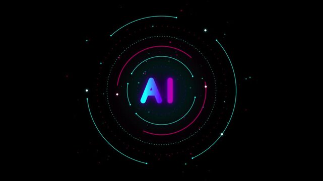 Futuristic AI technology logo, glowing artificial intelligence icon, digital hud interface