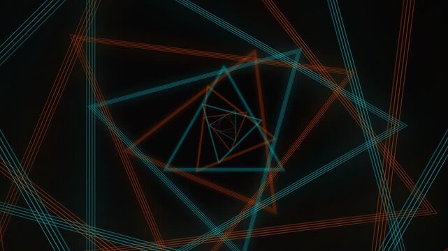 Abstract geometric pattern with glowing neon triangles, tunnel effect for digital motion graphics, futuristic interface design, virtual reality background and modern technological presentation visual