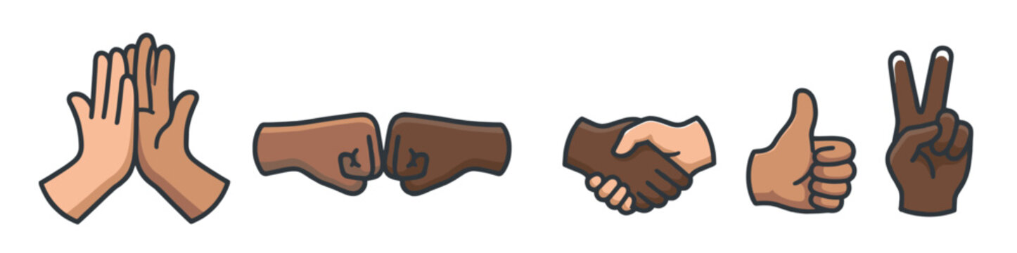 Diverse hands performing various gestures of communication and agreement, symbolizing unity, partnership, and social interaction in a friendly cartoon style.