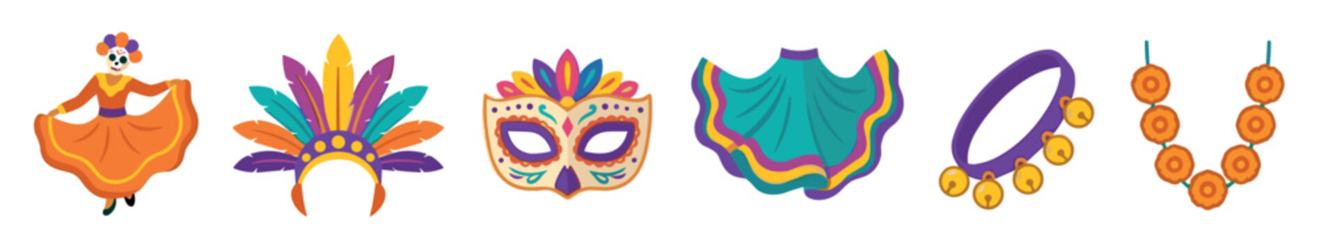 Colorful festival celebration elements including traditional dancer, feathered headdress, sugar skull mask, ruffled skirt, and festive accessories for cultural events.