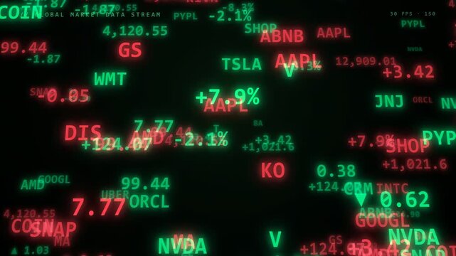 Abstract digital stock market data stream with glowing green and red financial tickers on black background