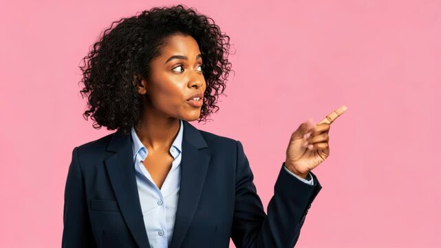 Pointing Out Possibilities: A businesswoman with a curious expression points to the side, suggesting an idea or direction, her confident gaze meeting the viewer's eye.