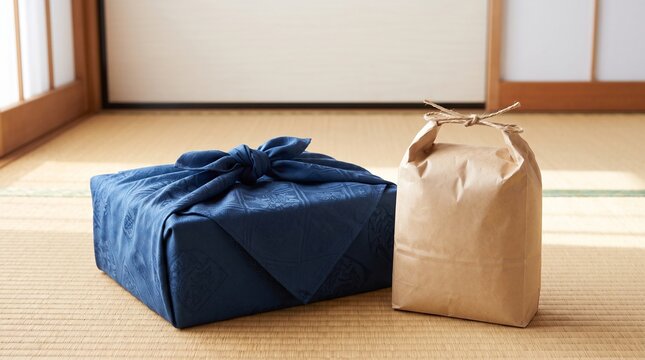 畳に置いた風呂敷包みのふるさと納税の返礼品と白米