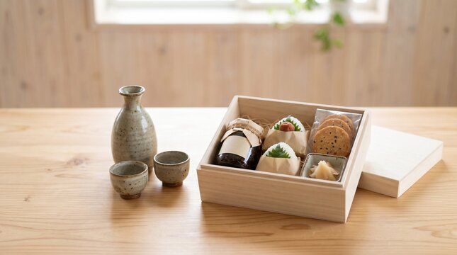 明るい木のテーブルに置いた木箱入りのふるさと納税の返礼品と日本酒と盃