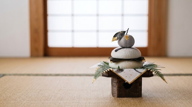 畳に置いた鏡餅の正月飾り　墨と白