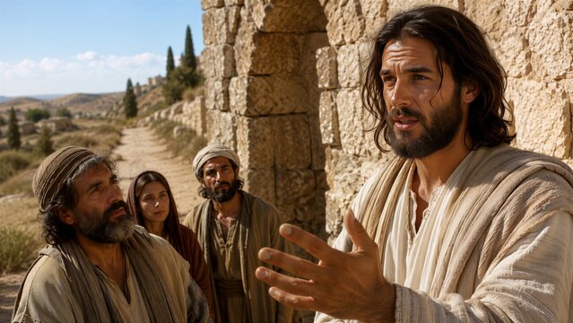 Jesus teaching a group of people outdoors, with warm lighting and a natural stone background, depicting a biblical scene of spiritual guidance and attentive listening