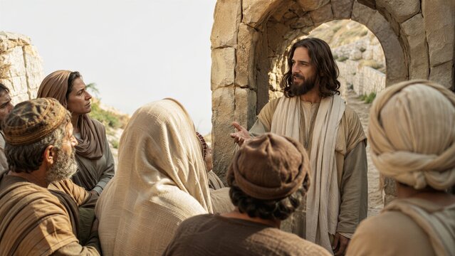 Jesus teaching a group of people outdoors, with warm lighting and a natural stone background, depicting a biblical scene of spiritual guidance and attentive listening