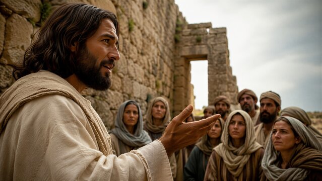 Jesus teaching a group of people outdoors, with warm lighting and a natural stone background, depicting a biblical scene of spiritual guidance and attentive listening