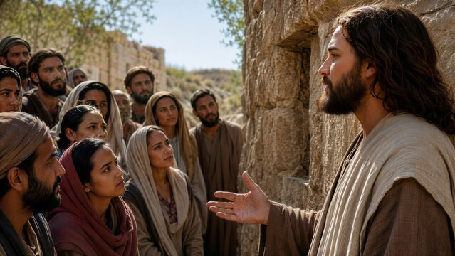 Jesus teaching a group of people outdoors, with warm lighting and a natural stone background, depicting a biblical scene of spiritual guidance and attentive listening