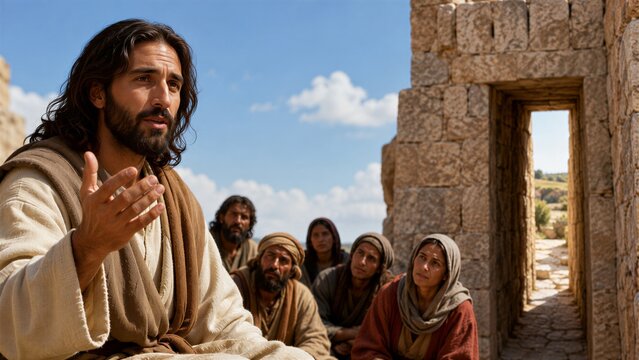 Jesus teaching a group of people outdoors, with warm lighting and a natural stone background, depicting a biblical scene of spiritual guidance and attentive listening