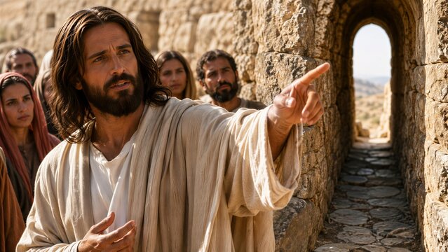 Jesus teaching a group of people outdoors, with warm lighting and a natural stone background, depicting a biblical scene of spiritual guidance and attentive listening