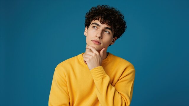 Young man with curly hair wearing a yellow sweater thinking against a blue background, casual fashion, pensive expression, lifestyle portrait
