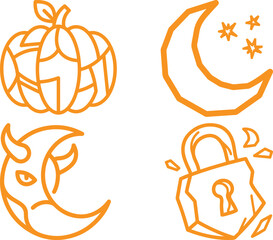Obraz premium Orange Halloween doodle vector icon set featuring pumpkin crescent moon with stars devil moon and padlock for spooky autumn designs