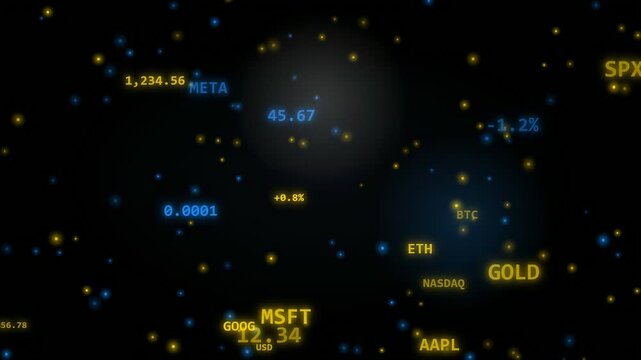Abstract digital financial data animation with floating stock market tickers and currency symbols on black background
