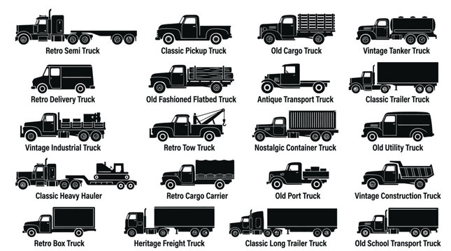 Variety of old cargo trucks.