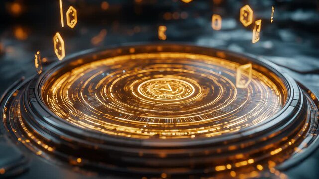 Glowing digital cryptocurrency token rotating on high-tech circular platform with floating hexagonal icons, golden light effects. Fintech, blockchain technology, future finance.