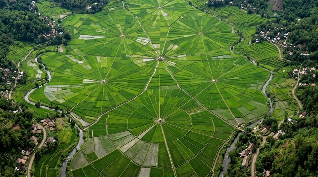 Top-down aerial view of imaginary green agricultural fields arranged in a unique spider web geometric pattern in a fantasy countryside