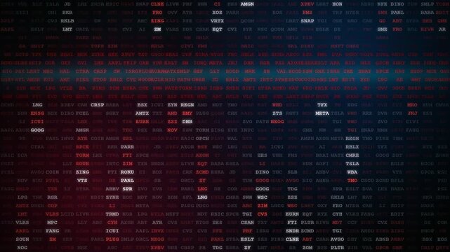 Abstract digital data stream with scrolling financial stock tickers and binary code on dark background