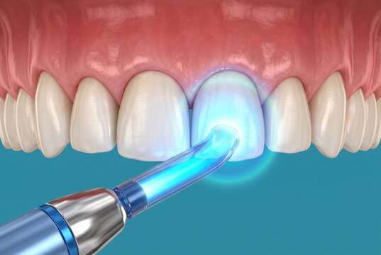 3D Rendering of Blue LED Curing Lamp Hardening Dental Filling on Upper Front Teeth