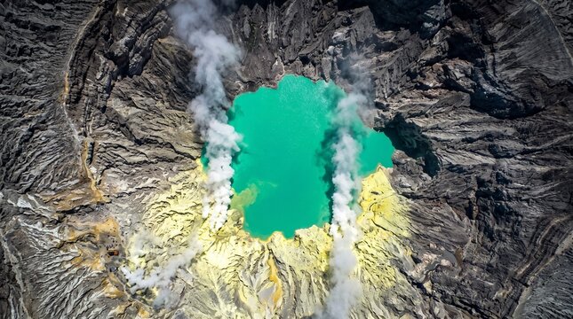 Top-down aerial view of a surreal bright turquoise acidic crater lake emitting toxic smoke in a fictional volcanic landscape